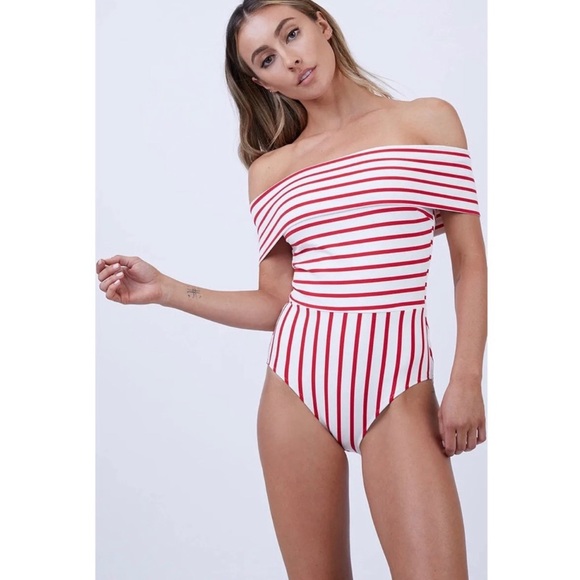 SOLID & STRIPED Other - Solid & Striped Red Vera Off-shoulder One-piece